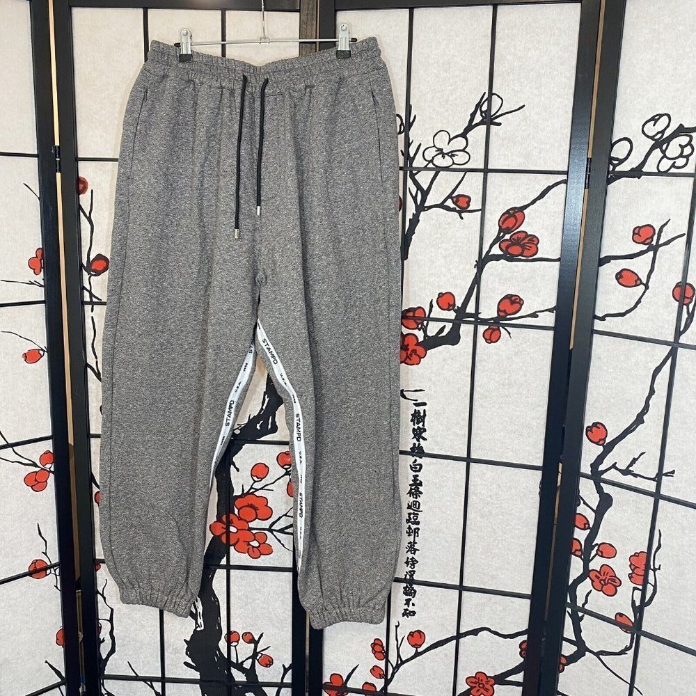 Stampd Joggers Sweatpants Size L Logo Striped Zip Pockets Drawstring Gray New